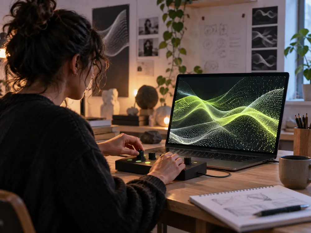 Illustrative concept of a participant using a tactile controller to shape a visual field on a screen