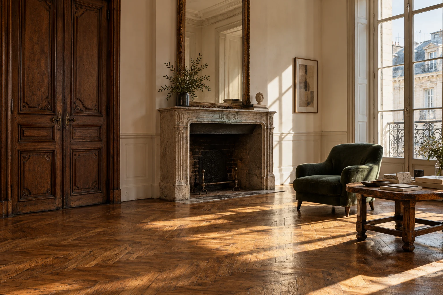 Illustrative historic interior with original timber doors, parquet flooring and a stone fireplace