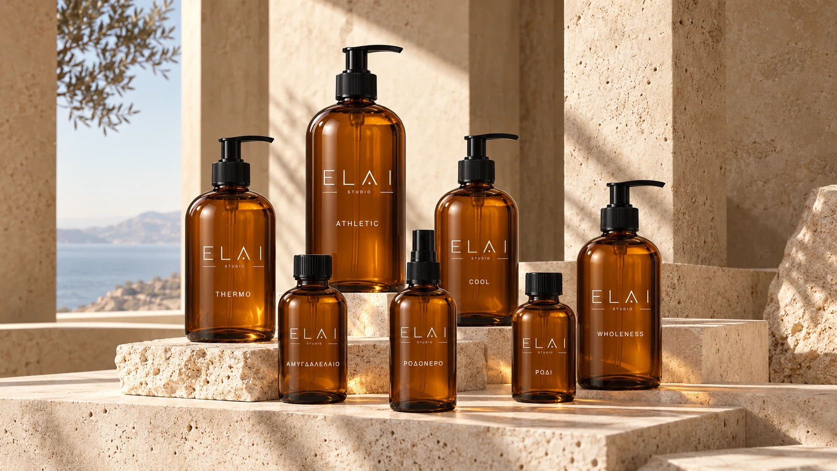 Ομαδικό mockup επτά προϊόντων ELAI Studio σε αρχιτεκτονικό σκηνικό από πέτρα