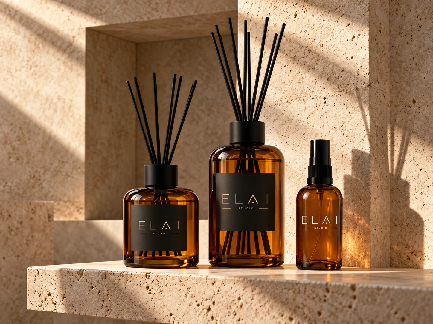 Ενδεικτικό mockup ELAI Studio diffuser με μαύρη ετικέτα και μπεζ λογότυπο