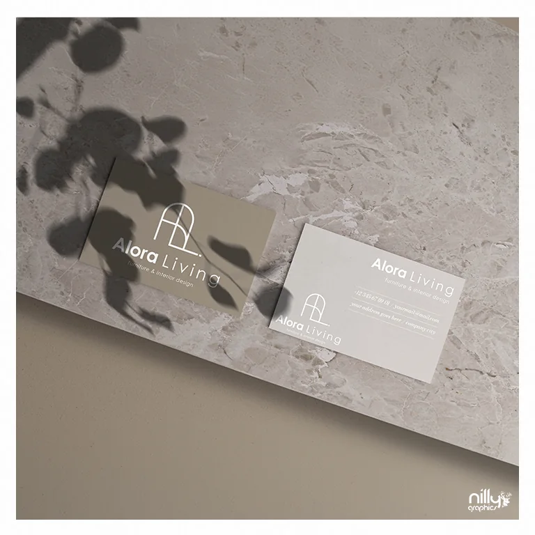 Alora Living brand identity applied to business cards
