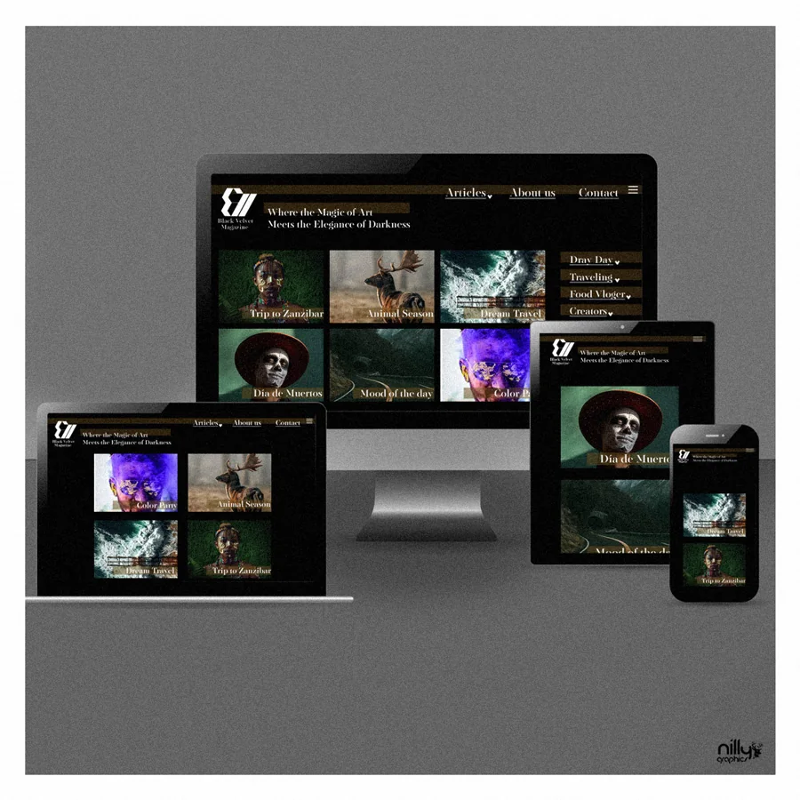 BLK VLT Magazine responsive web design on desktop, tablet and mobile mockups