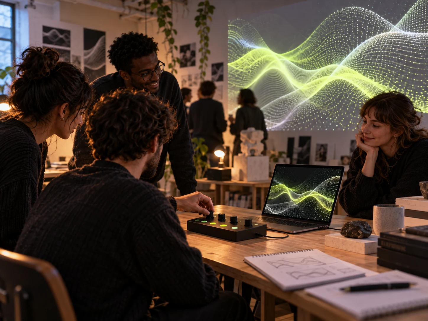 Concept visualization of a group exploring PROMPTLESS with a projected particle field