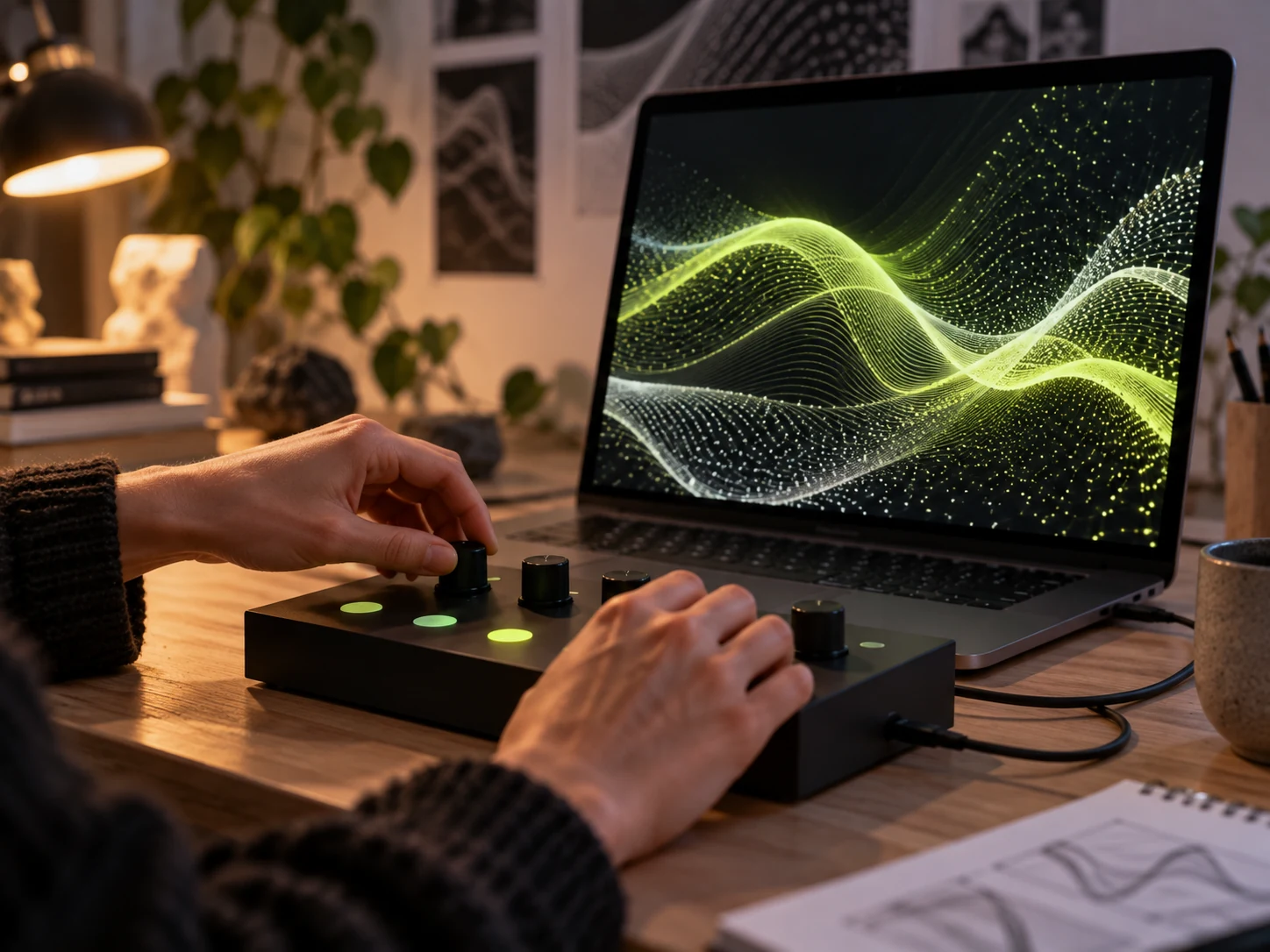 Concept visualization of hands using a tactile controller beside a particle landscape on a screen
