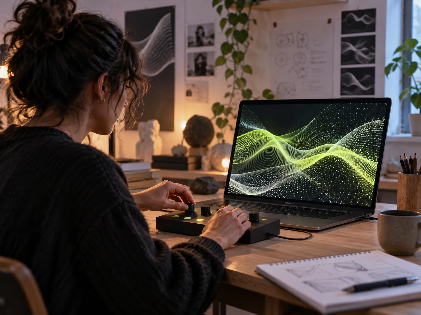 Concept visualization of a participant exploring the tactile controller in a warm creative studio