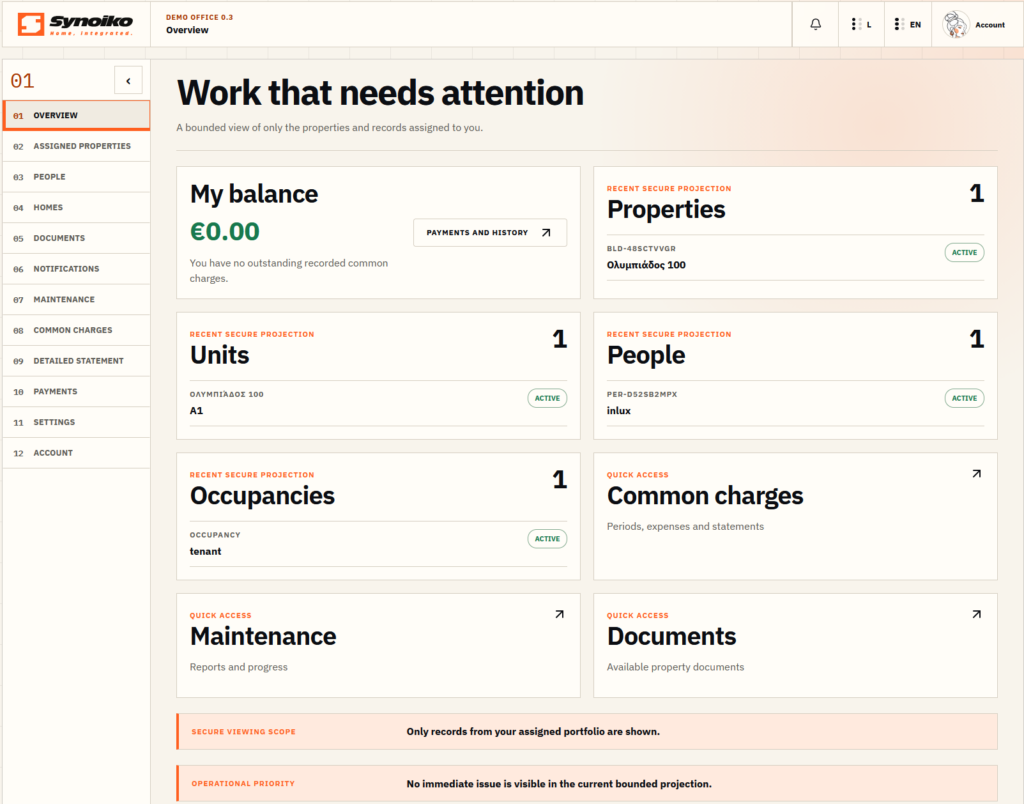Synoiko — building manager dashboard — English interface