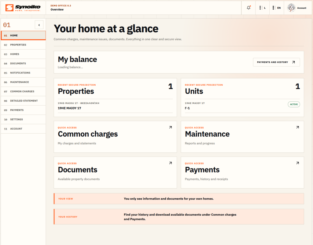 Synoiko — resident dashboard — English interface